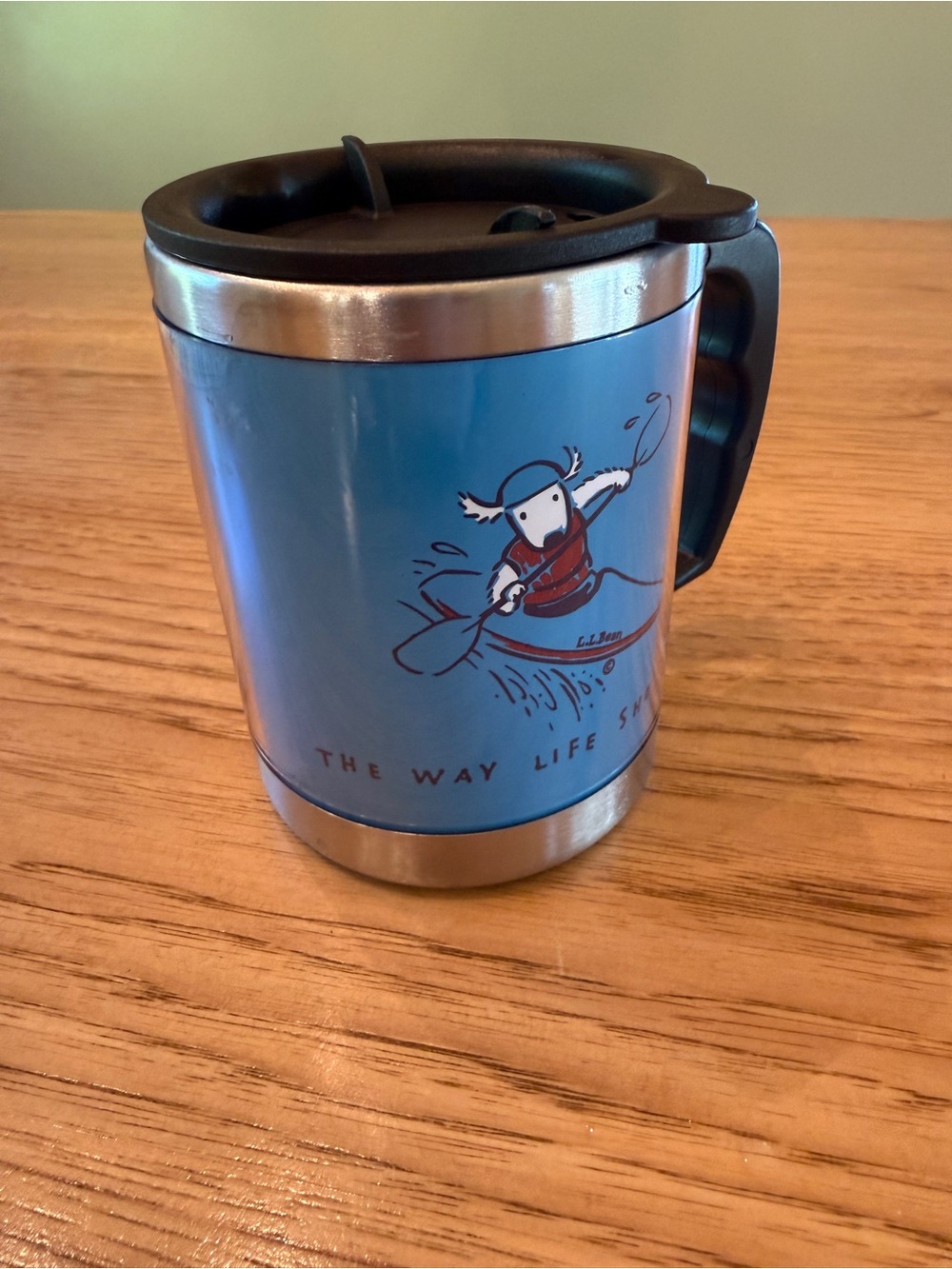 LL Bean Travel Coffee Mug W/ lid Moose Kayaking “The Way Life Should Be”